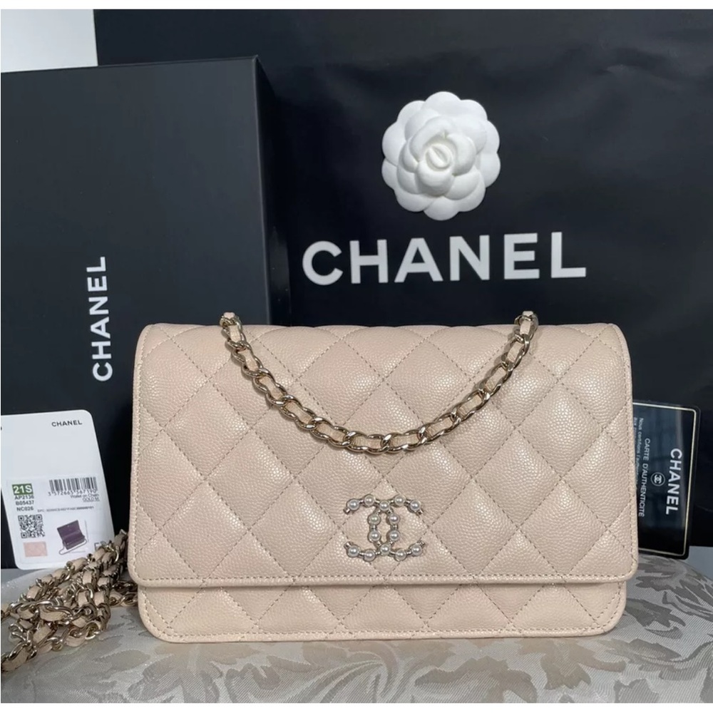 CHANEL Caviar Coco Candy Wallet On Chain WOC in Beige Gold HW Pearl CC Mini Bag